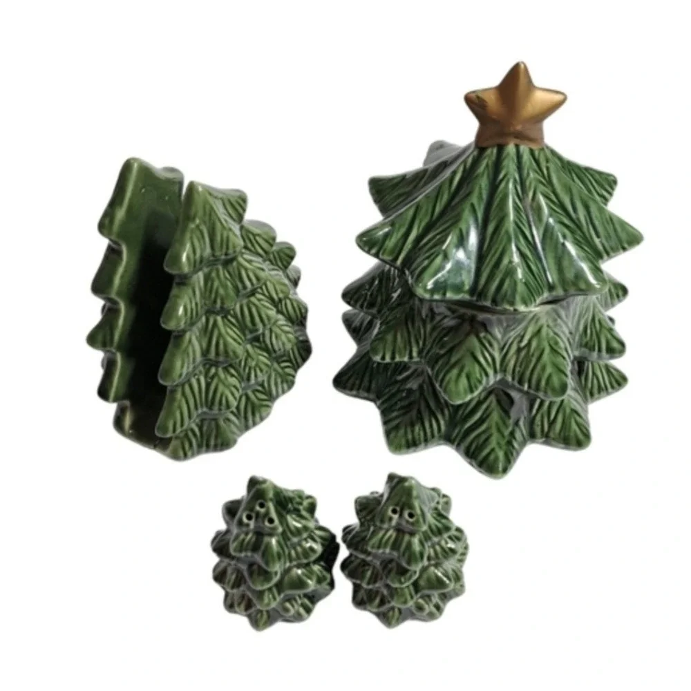 Vintage Ceramic Christmas Tree 4pc Set Green Leaf Pattern Napkin Holder Salt